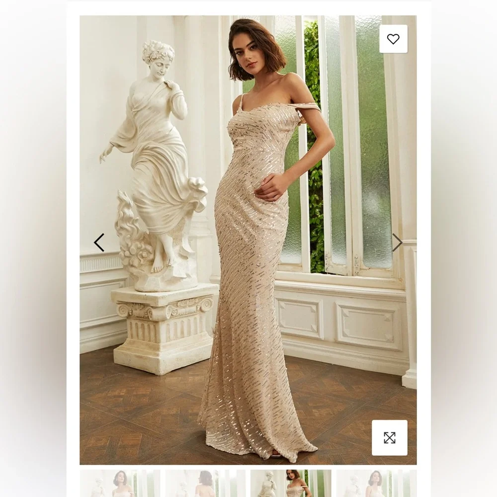 Off the shoulder sequin slip golden evening dress - Picture 3 of 9